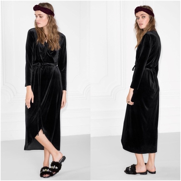 & OTHER STORIES Crushed Velvet Wrap Dress In Black - Picture 1 of 6